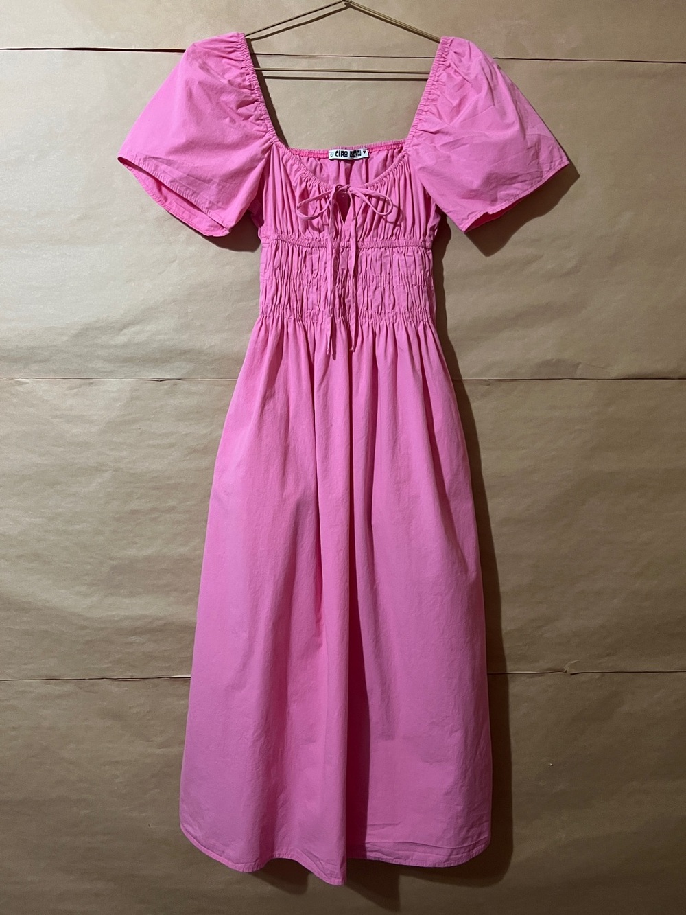Ciao Lucia | The Fiorella Dress Smocked Midi Dress Tie Neck Pink Size XS